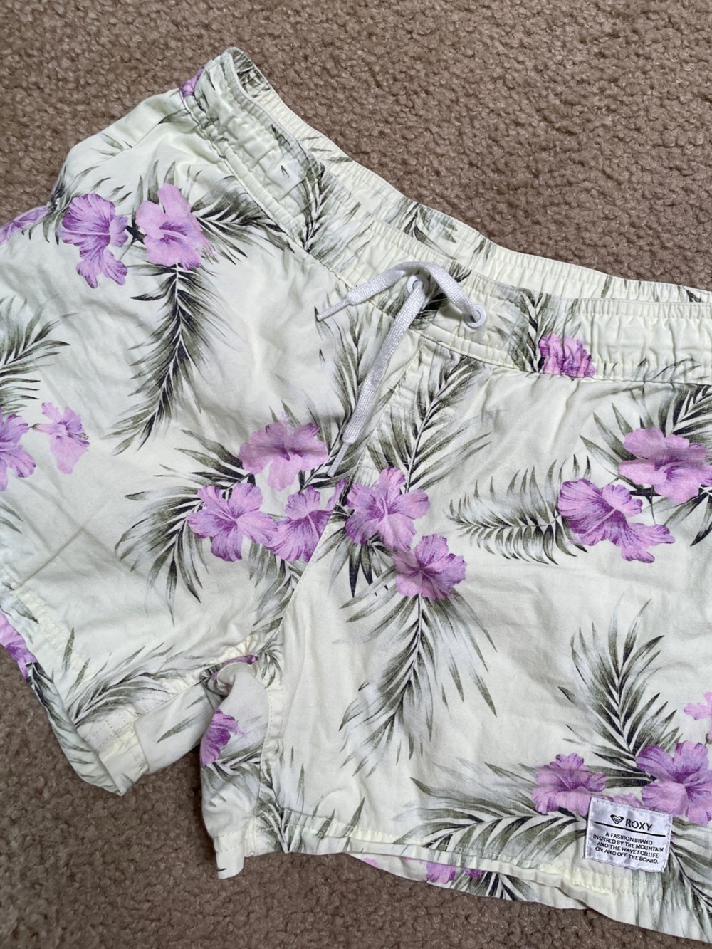 Roxy Mint Floral Drawstring Shorts with Purple Blooms